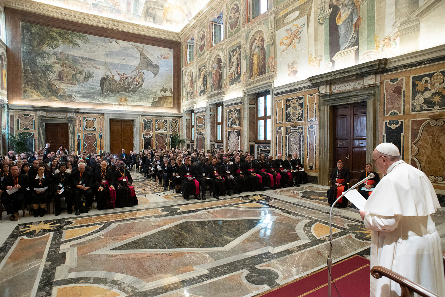 Pope Francis meets April 26, 2019, at the Vatican with members of the Catholic Biblical Federation celebrating their organization’s 50th anniversary.